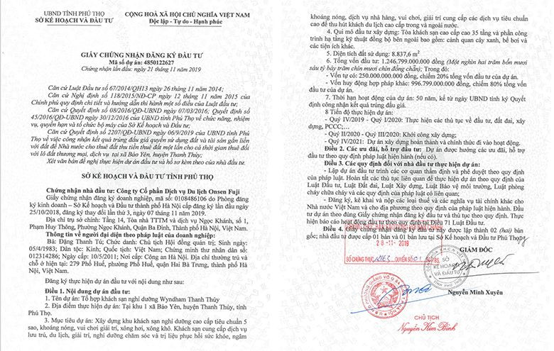 Giấy phép hoạt động của Wyndham Thanh Thủy